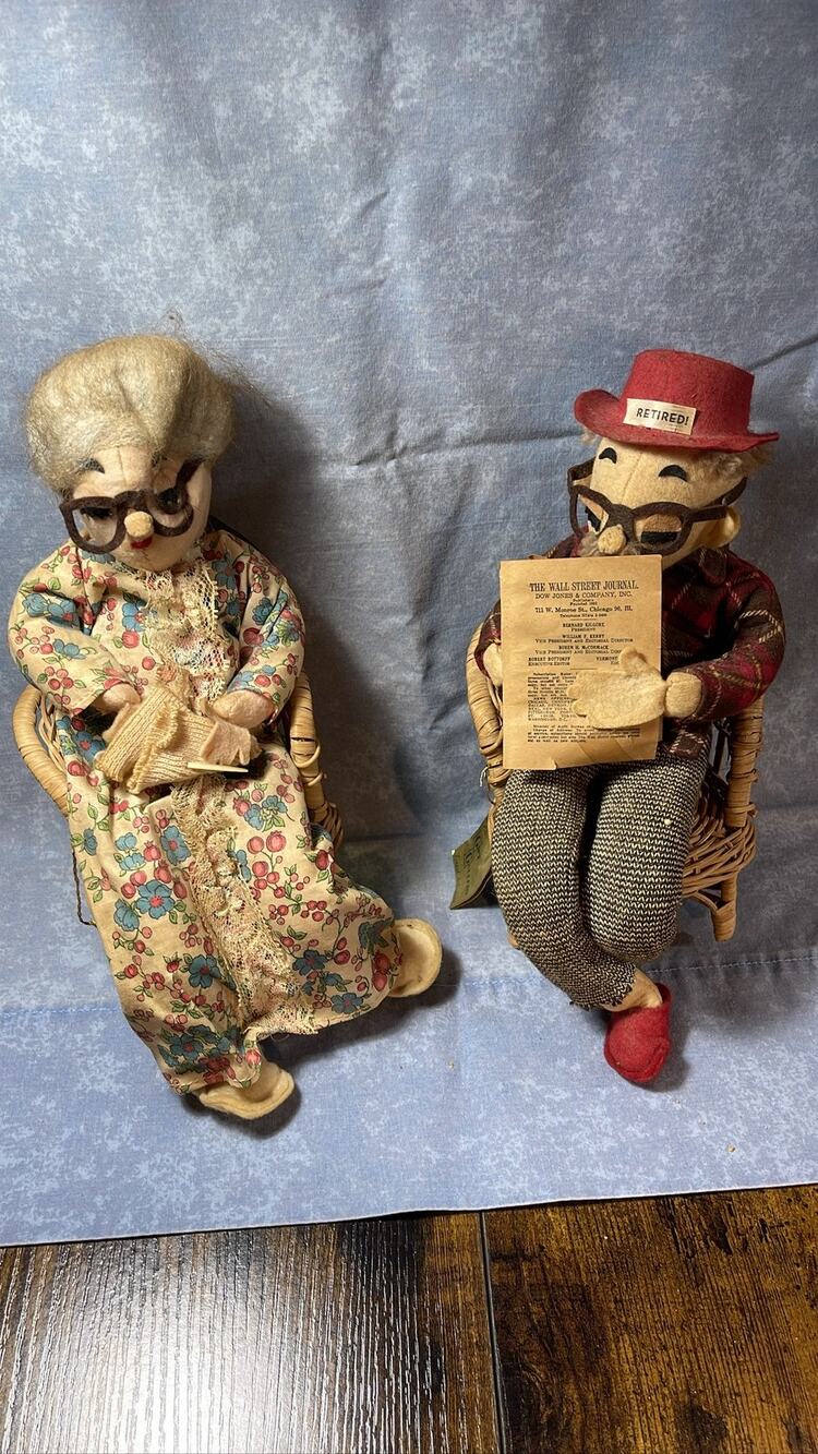 Grandma and Grandpa Doll Set in Wicker Chairs with Knitting and Newspaper